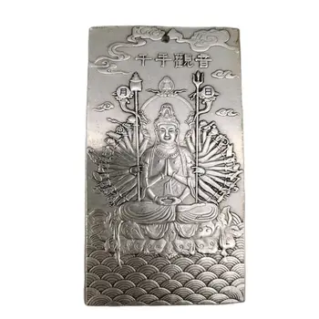 Velho Chinês Tibetano Prata Socorro Qianshou Guanyin Cintura Cartão De Amuleto Pingente De Feng Shui Cartão De Sorte Pingente