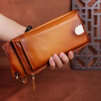 Multi-funcional de couro de mão Baotou longa de camada de bolsa da moeda retro do multi-entalhe de telefone móvel homens do saco de negócios