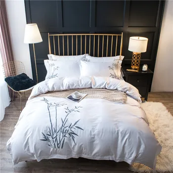 Branco Luxo de Bambu conjuntos de cama Bordado conjunto de quarto de casal camas queen king size capa de edredão de cama de folha conjunto de fronha