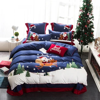 Papai Noel bordado conjunto de roupa de cama de Natal, Roupa de Cama de algodão Egípcio e roupa de alta qualidade folha de capa de edredão fronhas camas Queen-size