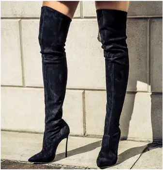2022 inverno outono de camurça couro mulher longas botas de metal finas de calcanhar, dedo apontado design feminino over-the-knee boots elástico de inicialização