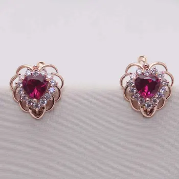 585 roxo de ouro embutidos em ruby brincos para mulheres clássico da moda 14K ouro de rosa do coração de cristal em forma de orelha studs luz de jóias de luxo