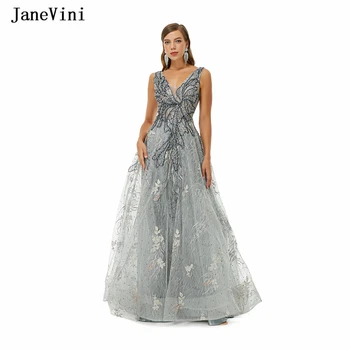 JaneVini Cinza Muçulmano de Luxo, Vestidos de Noite 2022 Sexy Profundo Decote em V Frisados de Cristal de Uma Linha Lace Ilusão de Dubai Prom Dress para Mulheres