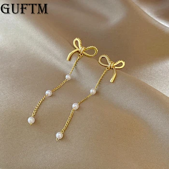 GUFTM 2022 Novo Design Sentido Micro Zircão Bowknot Dangle Brincos de coreano Jóia Elegante Festa de Acessórios de Luxo para Mulheres