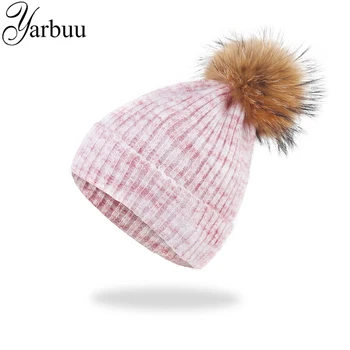 [YARBUU] Marca pom poms chapéu de inverno para mulheres de peles de vison bola chapéus nova moda de alta qualidade malha beanies cap grosso tampão fêmea
