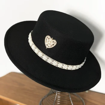 Pérola strass amor televisão chapéu fedora para as mulheres, do temperamento elegante jazz chapéu de outono inverno de lã presente senhoras de chapéu chapéu panamá