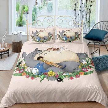 Têxteis lar Cartoon Totoro Folhas Projeto de Série para Crianças, Confortável, Capa de Edredão Fronha da Cama de Decoração do Quarto