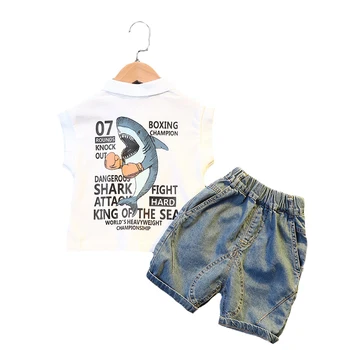 Meninos da criança Conjunto de Roupas de Algodão Puro do Verão Cartoon Tubarão T-shirt E calças de Brim 2 Pcs Terno Para Crianças Crianças de Presente de Aniversário