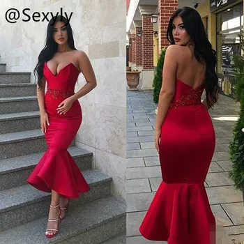 Vermelho Sexy Midi Vestido De Noite 2021 Elegante De Cetim Curto Prom Vestidos Para Meninas Pretas Árabe Vestido Festa Formal Mulheres Robe De Soirée