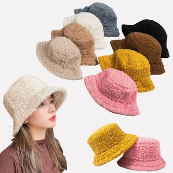 Sombrero de lana de cordero para mujer, gorro cálido de piel sintética para invierno, sombrero de cubo para el sol al aire libre