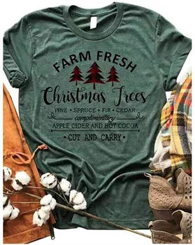 Por danielle de Natal, Árvores de Natal, T-Shirt das Mulheres O-pescoço Curto Manga Camiseta Bonito Xadrez Árvores Gráfico Árvores Casual Verde Tops