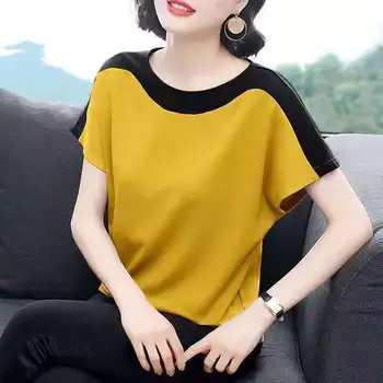 Verão cor-de bloqueio T-shirt da mãe moda vestuário costura gola redonda, manga curta topo solta grande tamanho da camisa