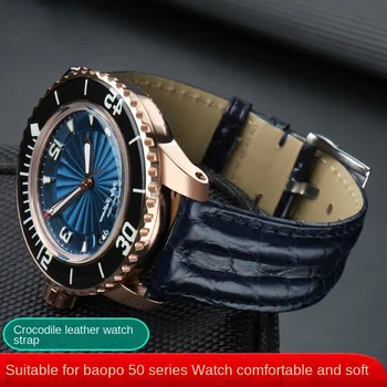 23mm de Alta qualidade crocodilo Correia de Relógio Pulseira Para o Blancpain 5000 5015 Braças Relógio Preto Macio Azul Pulseira de Fivela Dobrável