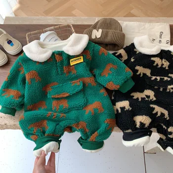 Inverno Nova Romper Do Bebê Gola Peter Pan De Lã Macacão Bebê Bonito Dos Desenhos Animados Engrossar Quente Outwear