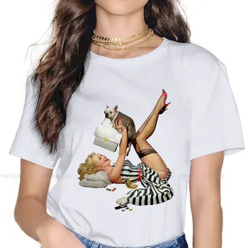O Pin Up Girl E O Pug Clássico Mulheres Camisetas Gótico Vintage Feminina de Roupas de tamanho Grande de Algodão Gráfico Roupas