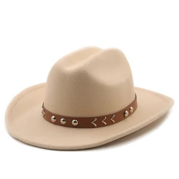 Lã de Mulheres, Homens do Oeste Chapéu de Cowboy Para Cavalheiro-Dama do Jazz Cowgirl Com Couro Cloche Igreja Sombrero Caps