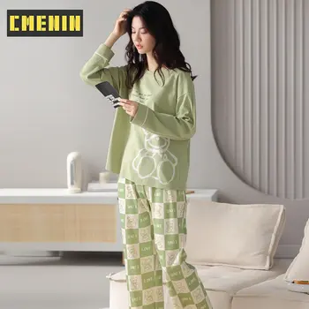 Verde em Xadrez de Pijamas dos desenhos animados de Algodão de manga comprida, Calças de Outono E Inverno Loungewear Pijama Mulheres Homewear Terno