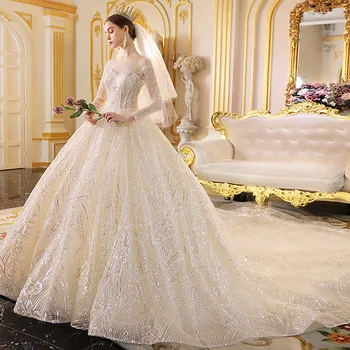 Estrela do vestido de casamento grande trem de Fadas 2022 nova noiva de manga longa do emagrecimento do Palácio da Indústria Pesada Princesa Hepburn vestido