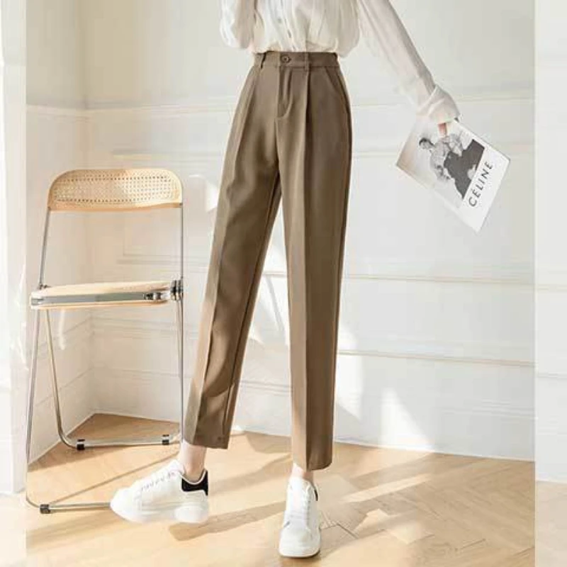 2021 Mulheres Primavera Verão Vintage Suit Harém Calça Feminina Slim Botão Bolso De Calças Senhora Elástico De Cintura Alta Slim Sólido Calça D633