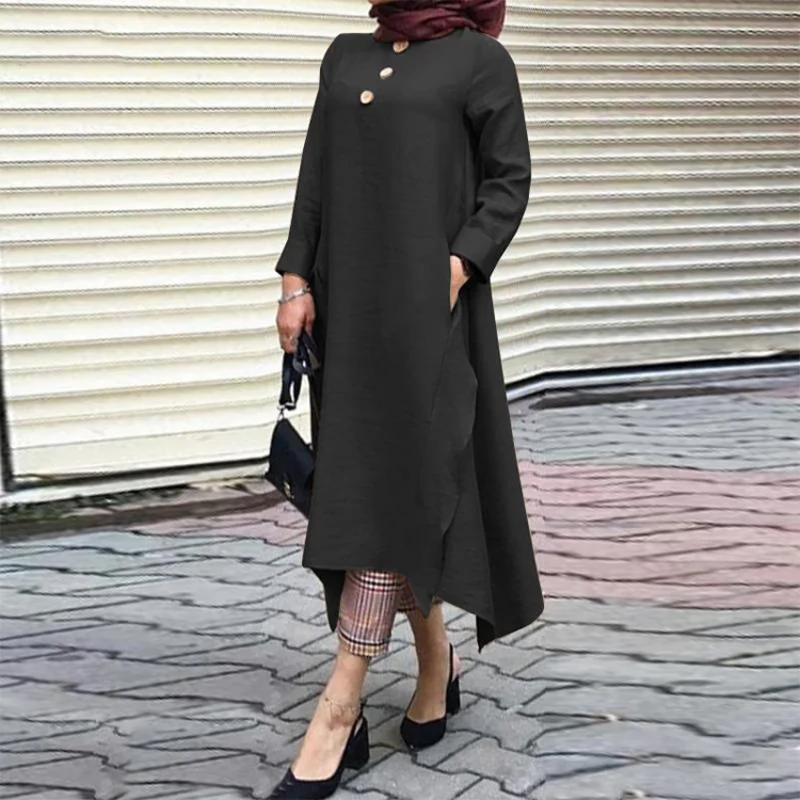 As mulheres Muçulmanas Irregular Vintage Sundress 2021 Outono Abaya Vestido de Manga Longa, Vestidos Muçulmanos do sexo Feminino Sólido Botão Manto Kaftan