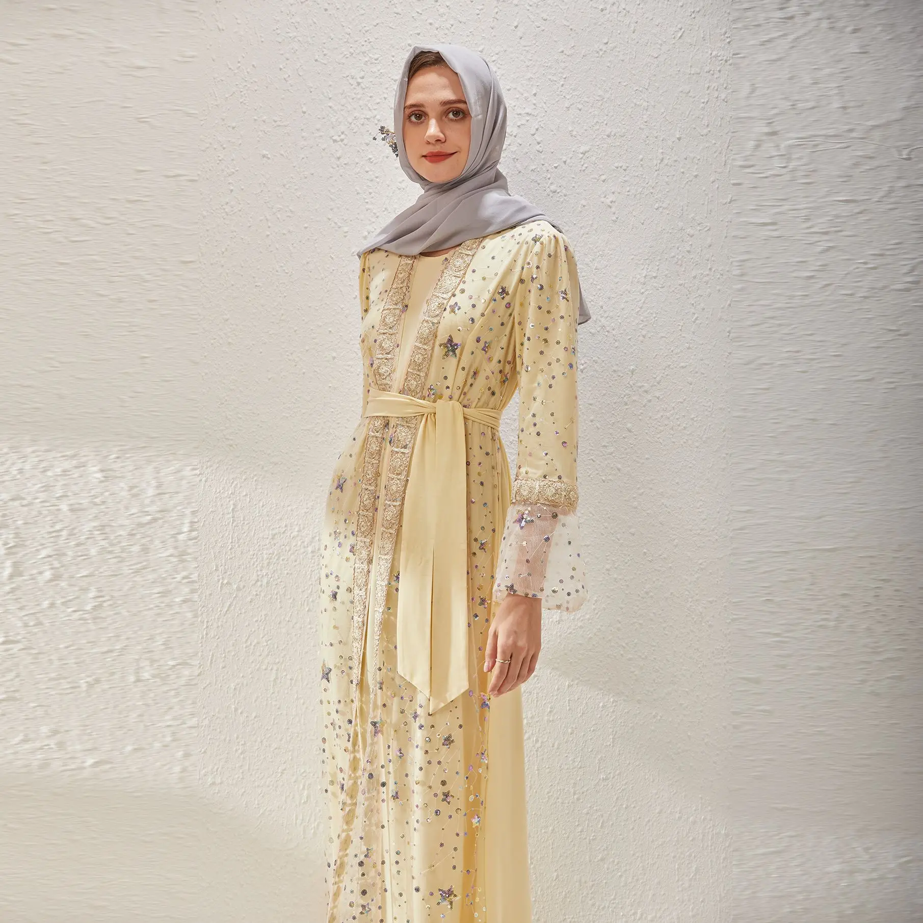 Falsos Duas Peças Eid Djellaba Abaya Comprimento Total Bordado Vestido de Muçulmano Dubai, Turquia Muçulmana Vestido Islã Abayas Com Cinto WY113