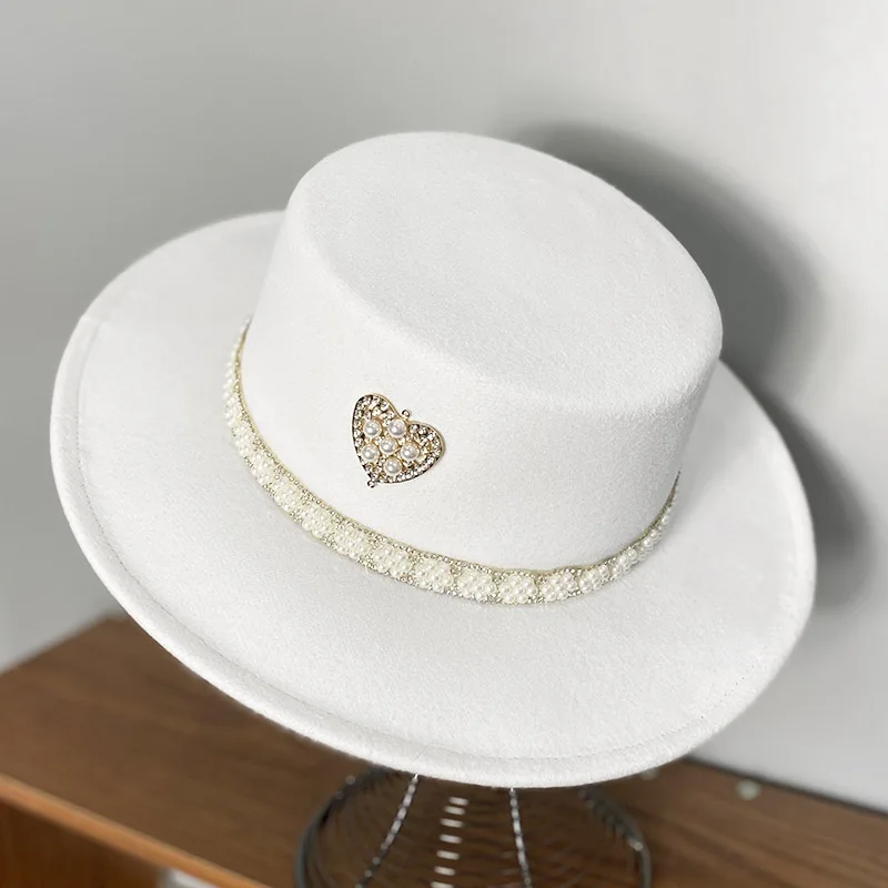 Pérola strass amor televisão chapéu fedora para as mulheres, do temperamento elegante jazz chapéu de outono inverno de lã presente senhoras de chapéu chapéu panamá