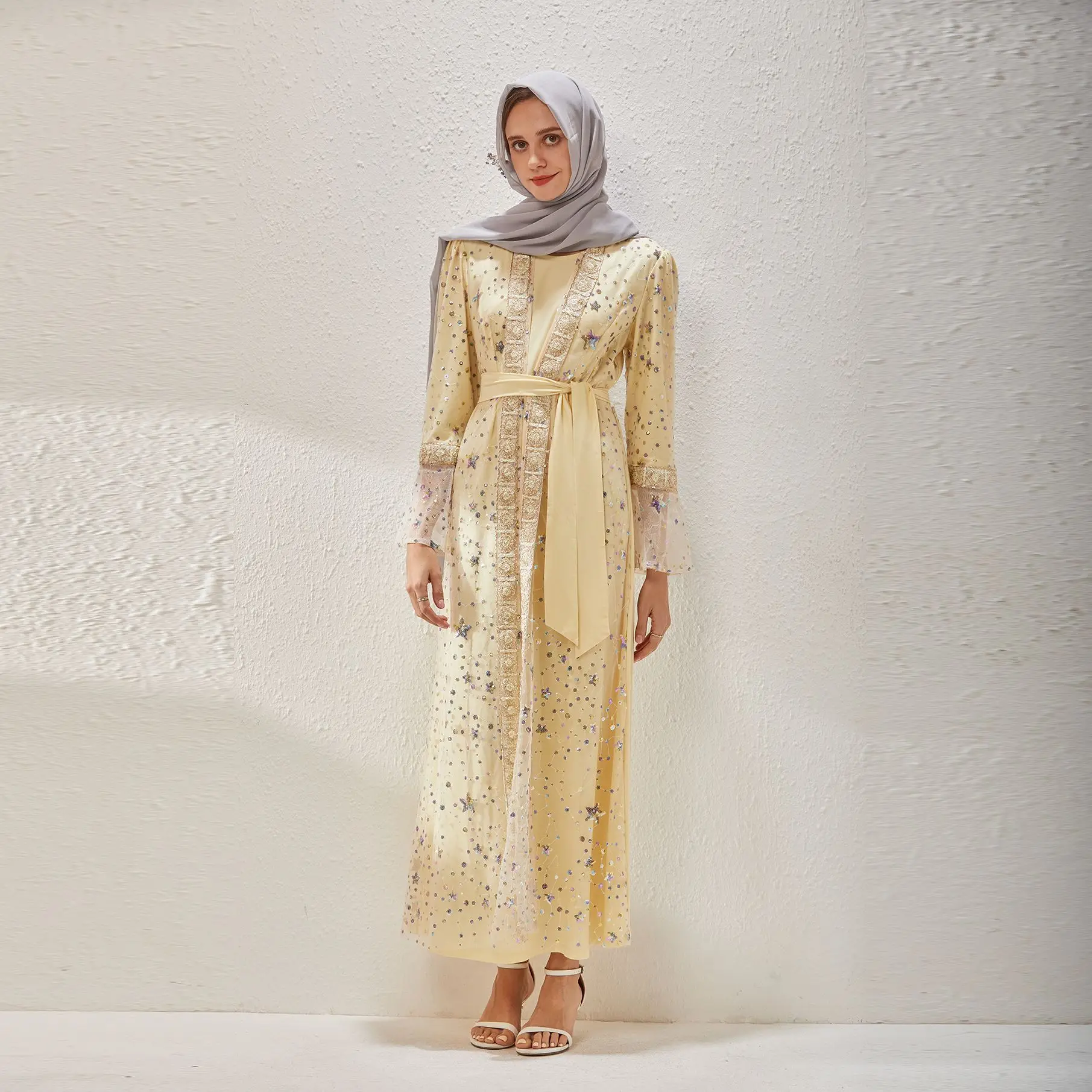 Falsos Duas Peças Eid Djellaba Abaya Comprimento Total Bordado Vestido de Muçulmano Dubai, Turquia Muçulmana Vestido Islã Abayas Com Cinto WY113