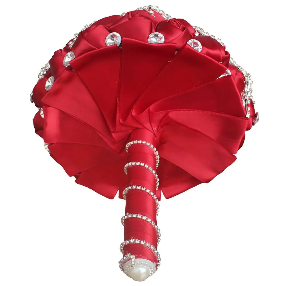 JaneVini Luxo Vermelho Buquê De Casamento Strass Cristal Artificial De Cetim De Rosas, Bouquet De Noiva Segurando Flores Acessórios Do Casamento