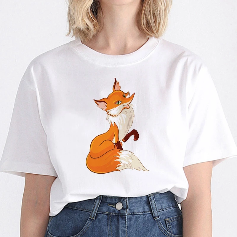 Oversized T-Shirt Das Mulheres Fox, Cartoon Impressão Gráfica Engraçado Feminina Camiseta Casual-Coreano De Moda De T-Shirt De Senhoras Vestuário Feminino