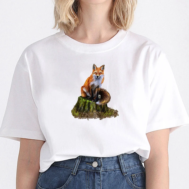 Oversized T-Shirt Das Mulheres Fox, Cartoon Impressão Gráfica Engraçado Feminina Camiseta Casual-Coreano De Moda De T-Shirt De Senhoras Vestuário Feminino